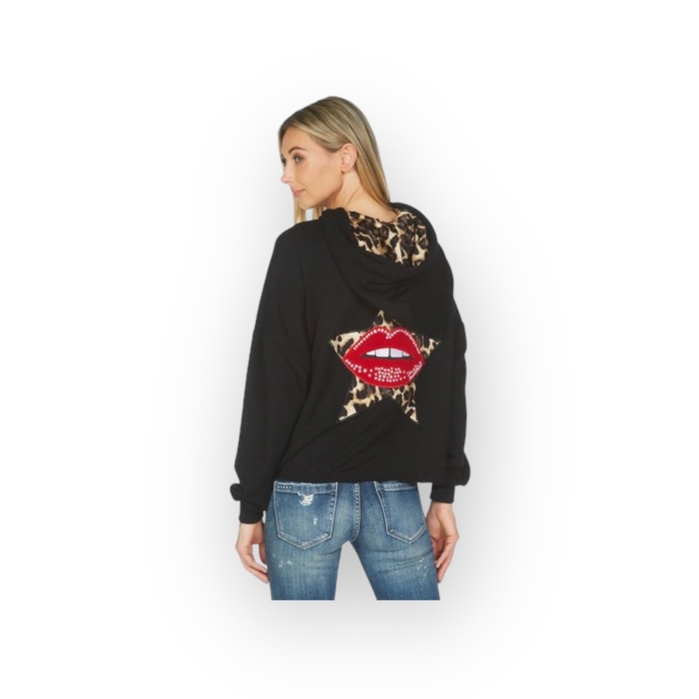 new Lauren Moshi 𖤐 Leopard Star Lip Patch Pullover Hoodie 𖤐 Black 𖤐 XXS XS S